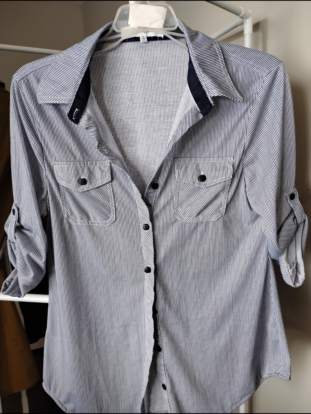 Eden & Olivia Navy/White Pinstripe Button Front Collar 3/4 Tab Roll Sleeve Shirt